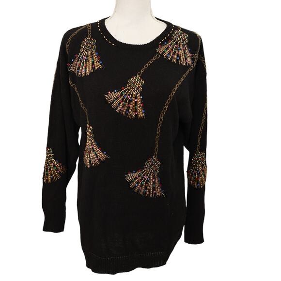 Victoria Harbour ramie cotton blend beaded‎ sweater size XL tassels - Picture 1 of 7